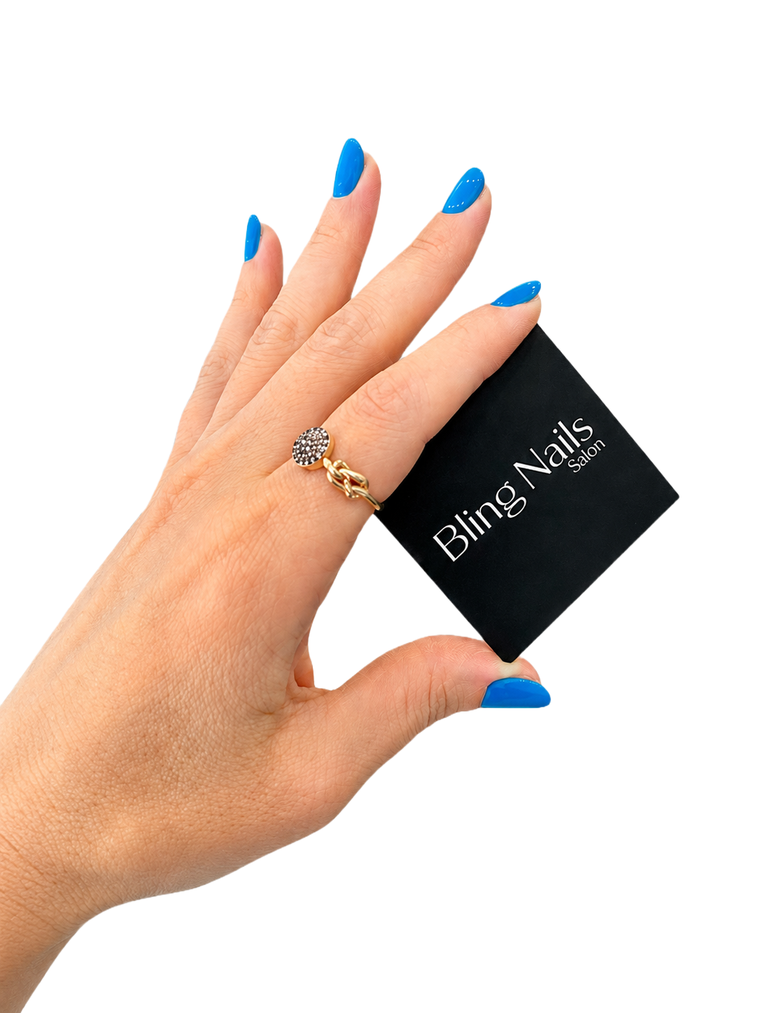 Χέρι με μπλε νύχια που κρατά κάρτα Bling Nails